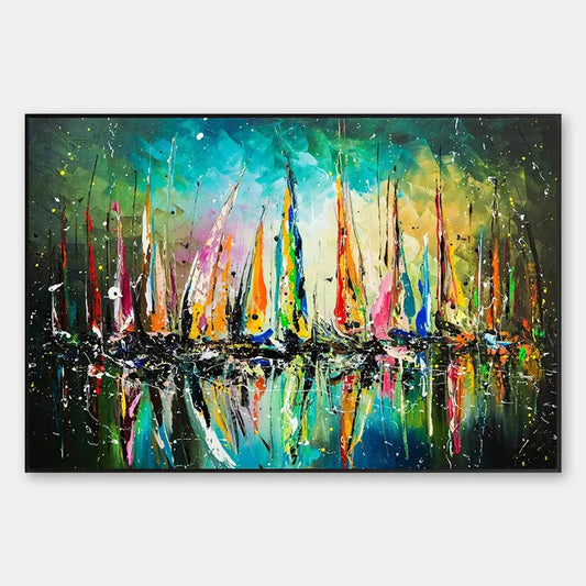 VIVID REGATTA: Panoramic Sailboat Painting | hanging in living room, Abstract wall art