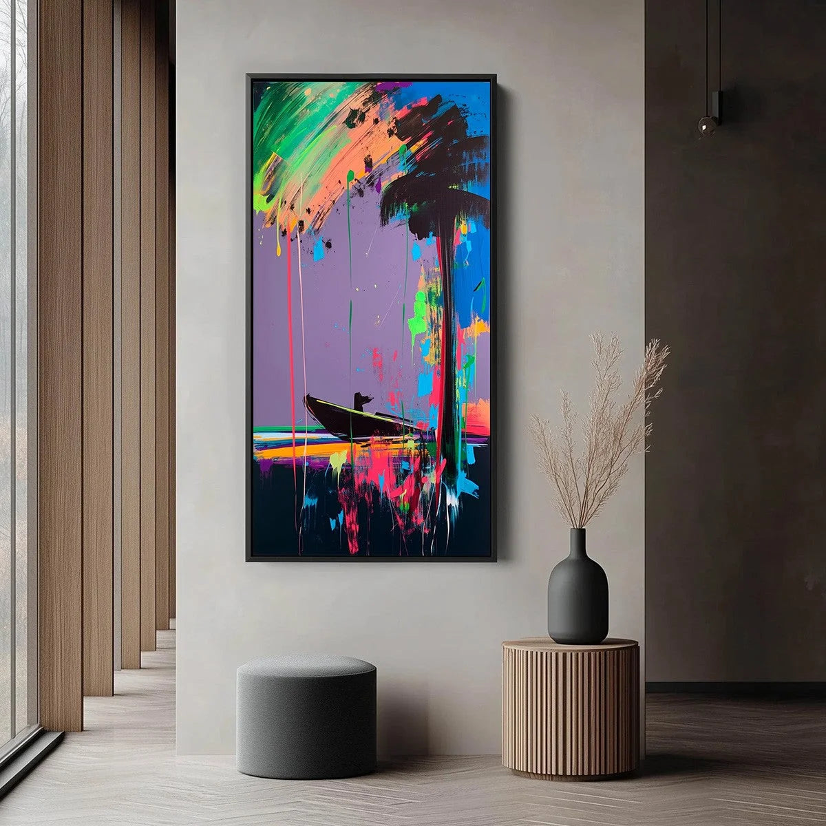 VIVID VOYAGE: Colorful Vertical Abstract Seascape Painting | gold frame stretched on neutral wall