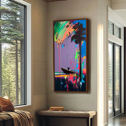 VIVID VOYAGE: Colorful Vertical Abstract Seascape Painting | black frame version on white wall