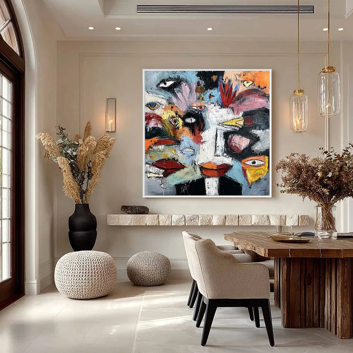 VOICES IN THE ROOM: Bold Square Abstract Impasto Portrait Painting | gold frame stretched on neutral wall
