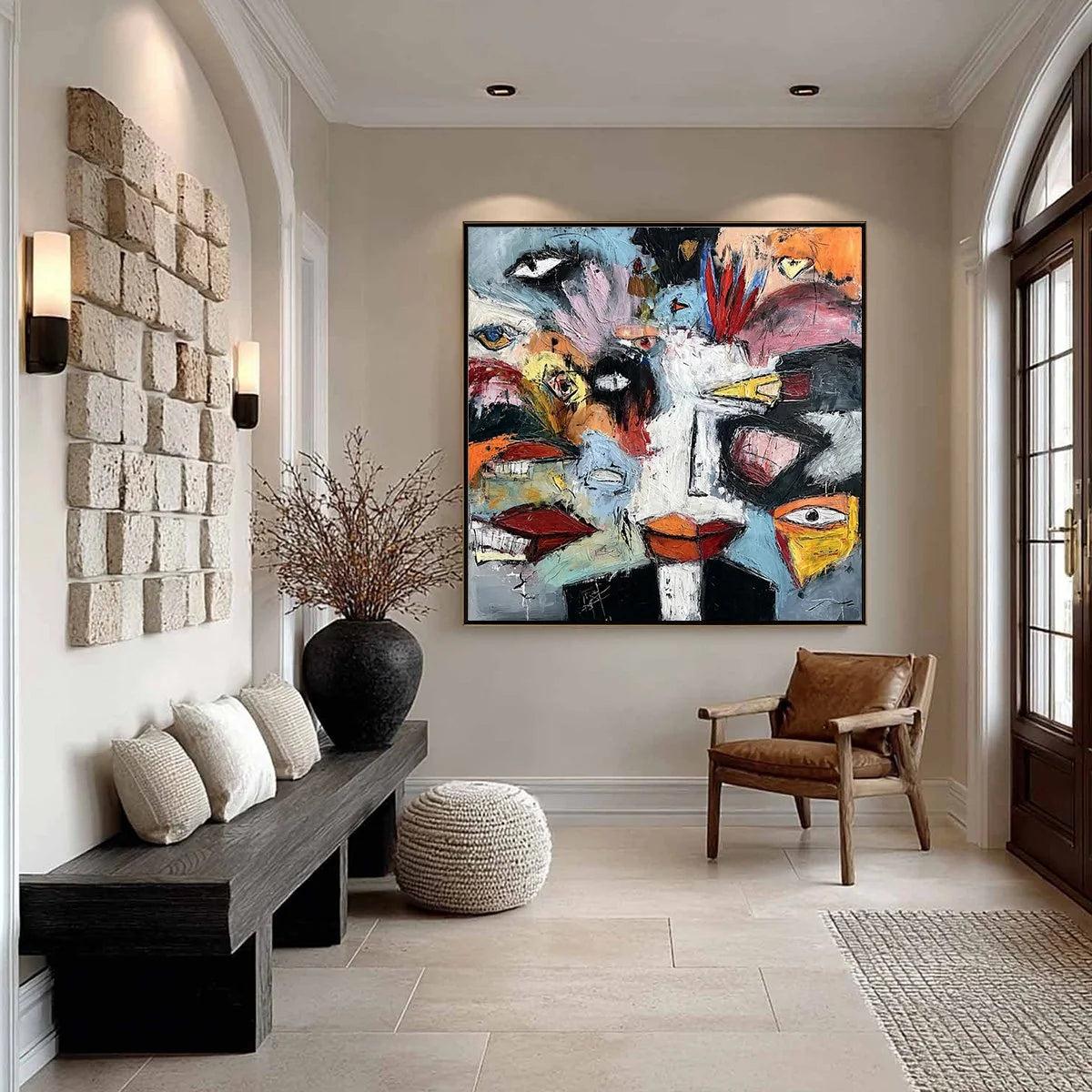 VOICES IN THE ROOM: Bold Square Abstract Impasto Portrait Painting | black frame version on white wall