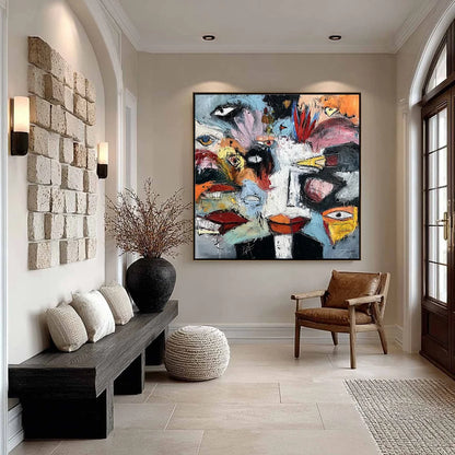 VOICES IN THE ROOM: Bold Square Abstract Impasto Portrait Painting | black frame version on white wall