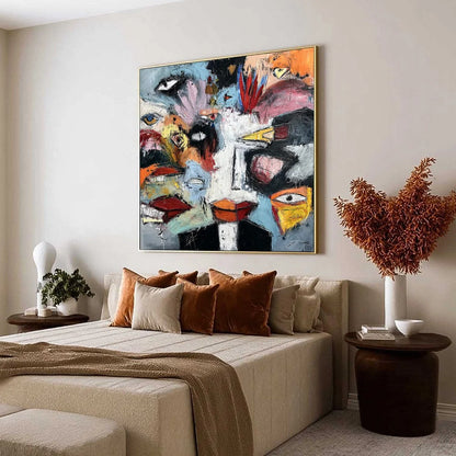 VOICES IN THE ROOM: Bold Square Abstract Impasto Portrait Painting | Abstract mood, soft natural light studio shot