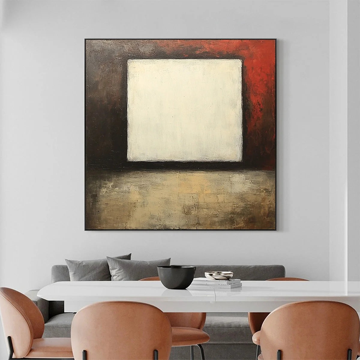 VOID: Minimalist Abstract Oil Painting with White Square | Minimalist closeup, raised brushwork detail