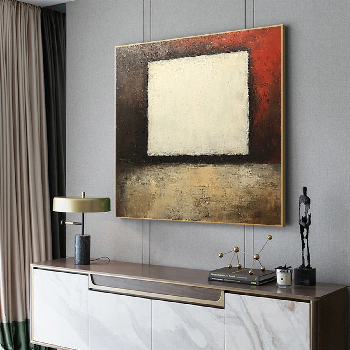 VOID: Minimalist Abstract Oil Painting with White Square | rectangular format, hand-painted canvas edge