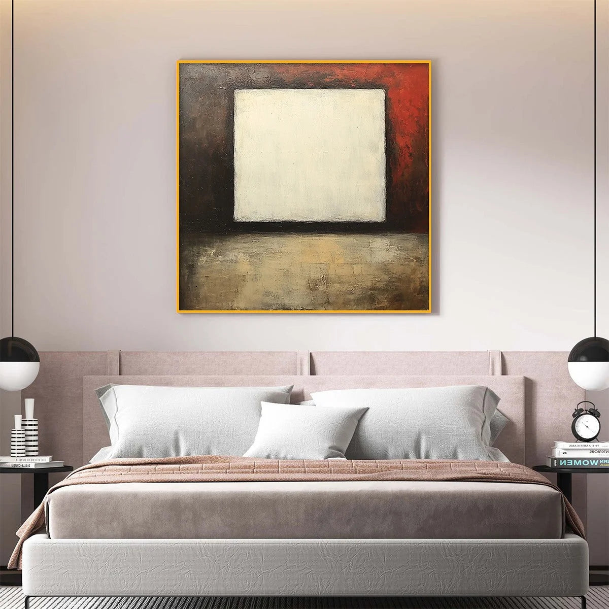 VOID: Minimalist Abstract Oil Painting with White Square | gold frame stretched on neutral wall