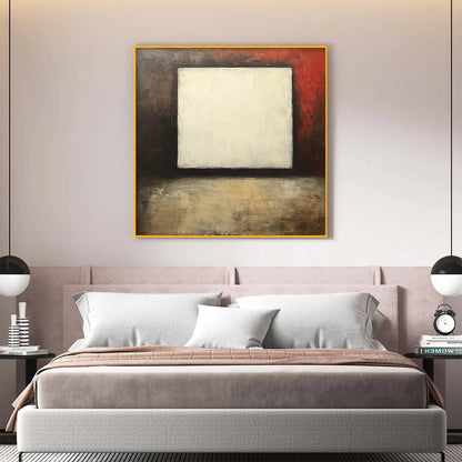 VOID: Minimalist Abstract Oil Painting with White Square | gold frame stretched on neutral wall