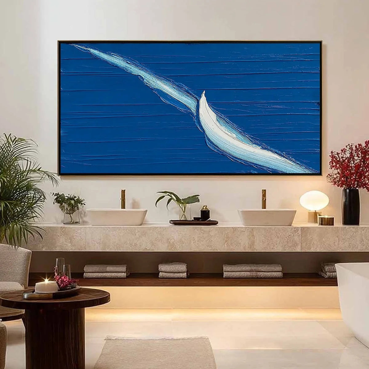 VOYAGE: Minimalist Textured Abstract Sailboat Painting | gold frame stretched on neutral wall