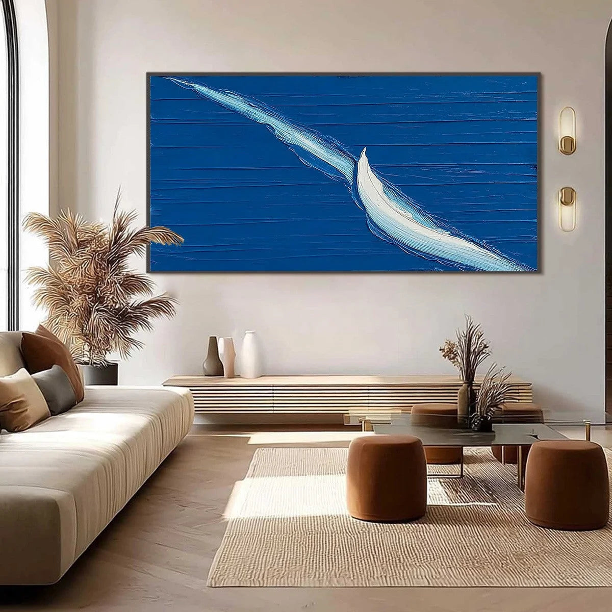 VOYAGE: Minimalist Textured Abstract Sailboat Painting | black frame version on white wall