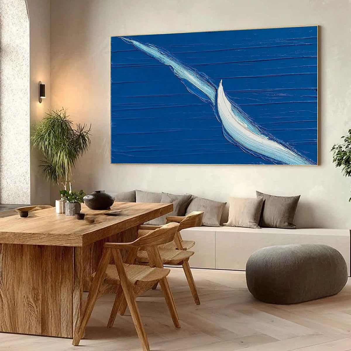 VOYAGE: Minimalist Textured Abstract Sailboat Painting | Minimalist mood, soft natural light studio shot