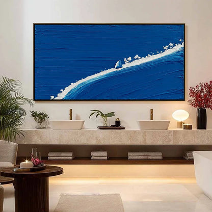 Voyage | Minimalist Textured Seascape Oil Painting Wall Art | gold frame stretched on neutral wall