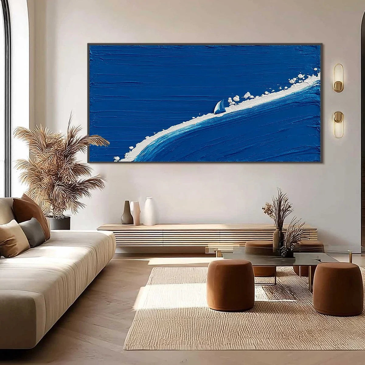 Voyage | Minimalist Textured Seascape Oil Painting Wall Art | black frame version on white wall