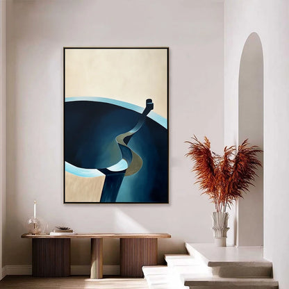 VOYAGE: Modern Minimalist Abstract Painting in Blue and Beige | gold frame stretched on neutral wall