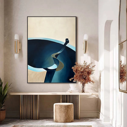 VOYAGE: Modern Minimalist Abstract Painting in Blue and Beige | black frame version on white wall