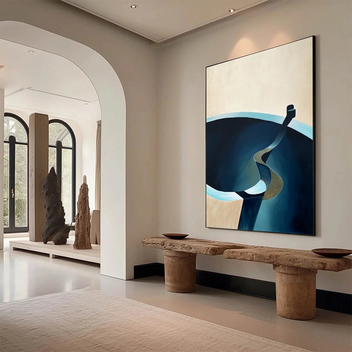 VOYAGE: Modern Minimalist Abstract Painting in Blue and Beige | Minimalist mood, soft natural light studio shot