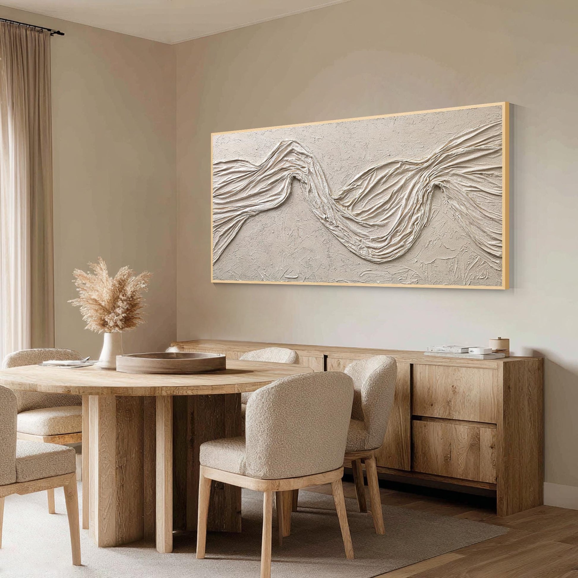 Wabi Sabi Beige Plaster Wall Art, Large Vertical 3D Fabric Texture Canvas, Minim #2