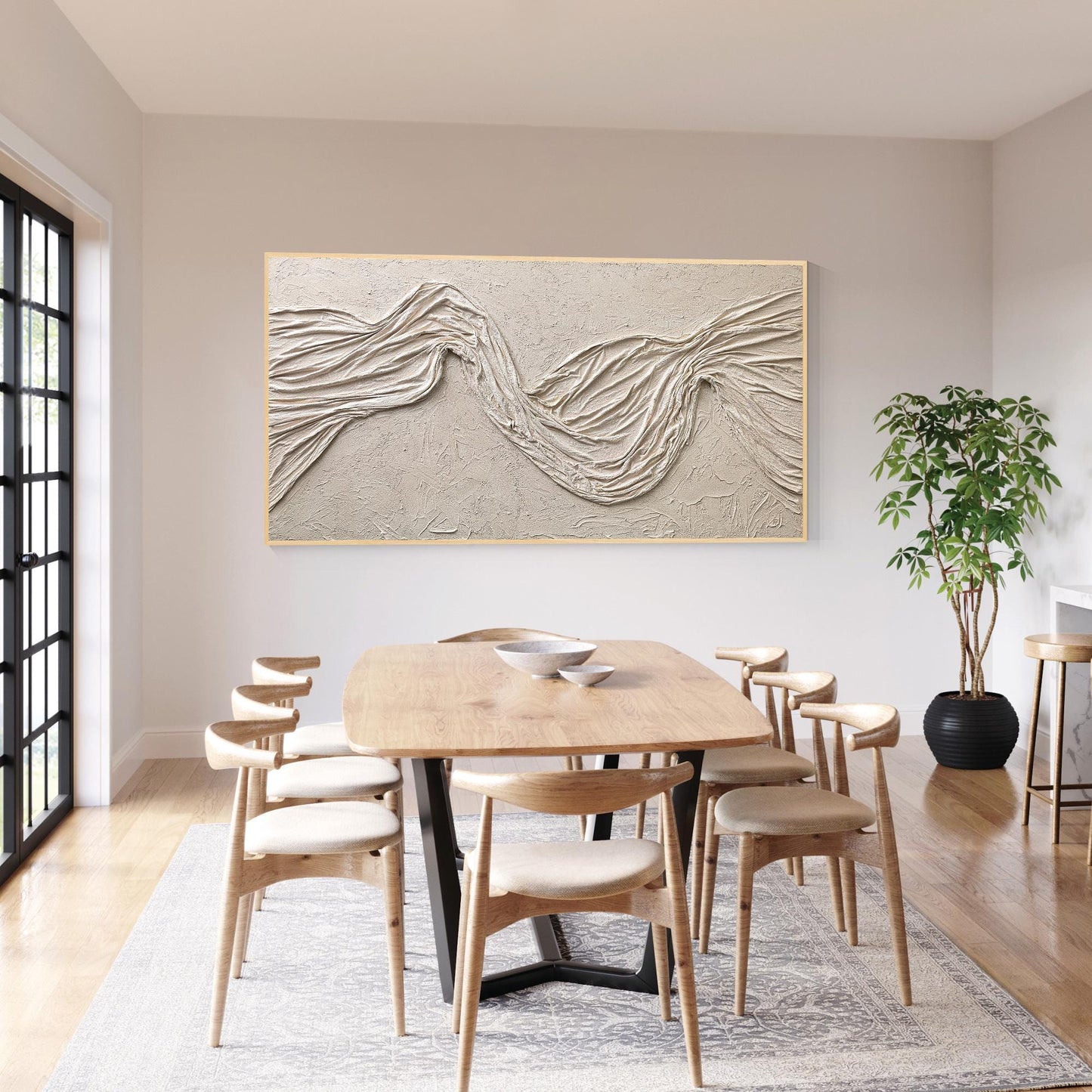 Wabi Sabi Beige Plaster Wall Art, Large Vertical 3D Fabric Texture Canvas, Minim #4