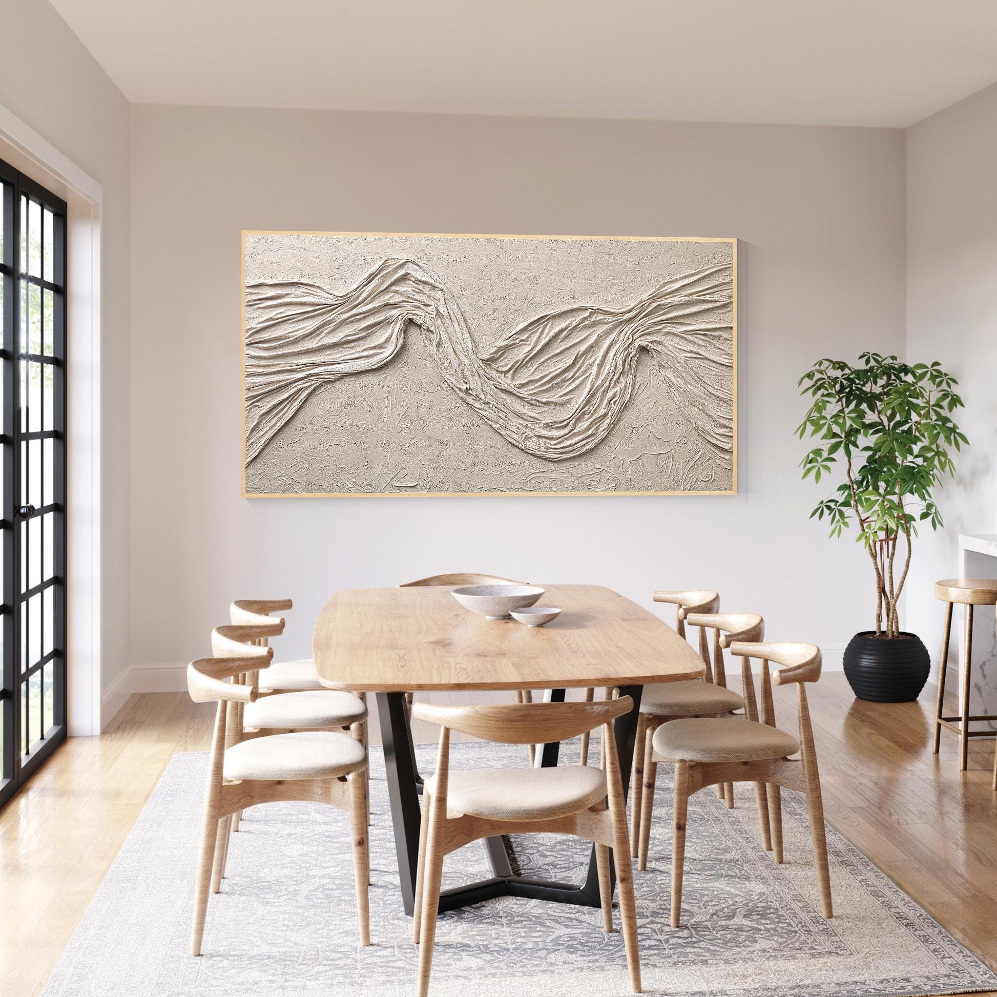 Wabi Sabi Beige Plaster Wall Art, Large Vertical 3D Fabric Texture Canvas, Minim #4