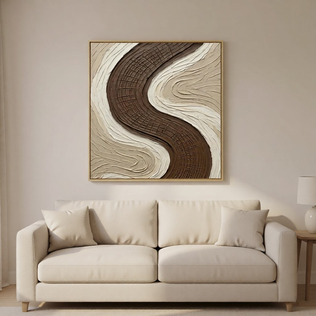 Wabi-Sabi Earth Tone Plaster Texture Art styled in a refined neutral room setting to show wall scale, calm proportion, and interior decor mood.