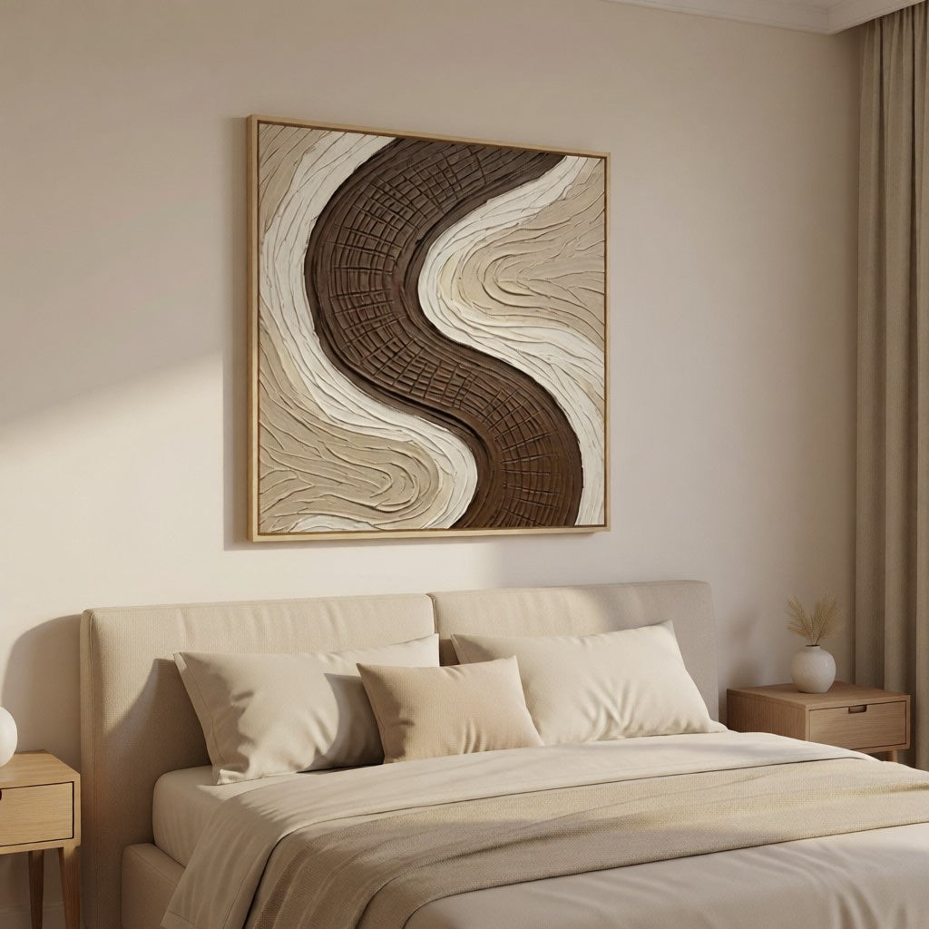 Wabi-Sabi Earth Tone Plaster Texture Art styled in a refined neutral room setting to show wall scale, calm proportion, and interior decor mood.