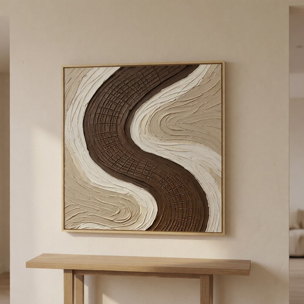 Wabi-Sabi Earth Tone Plaster Texture Art styled in a refined neutral room setting to show wall scale, calm proportion, and interior decor mood.