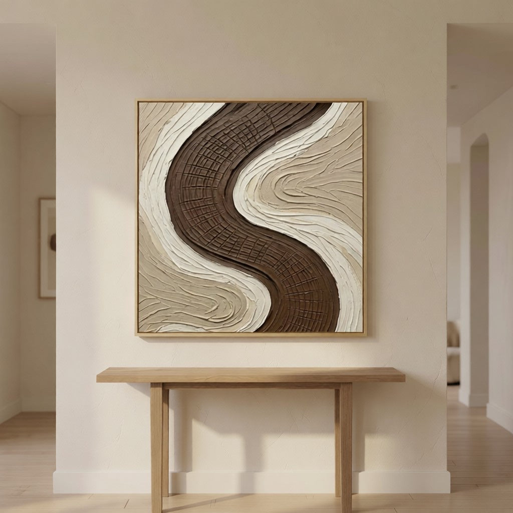 Wabi-Sabi Earth Tone Plaster Texture Art styled in a refined neutral room setting to show wall scale, calm proportion, and interior decor mood.