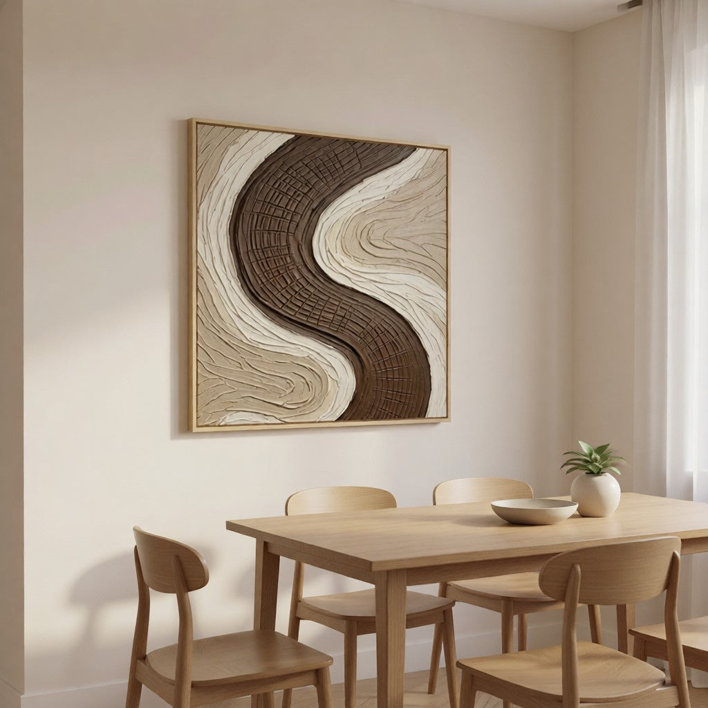 Wabi-Sabi Earth Tone Plaster Texture Art styled in a refined neutral room setting to show wall scale, calm proportion, and interior decor mood.