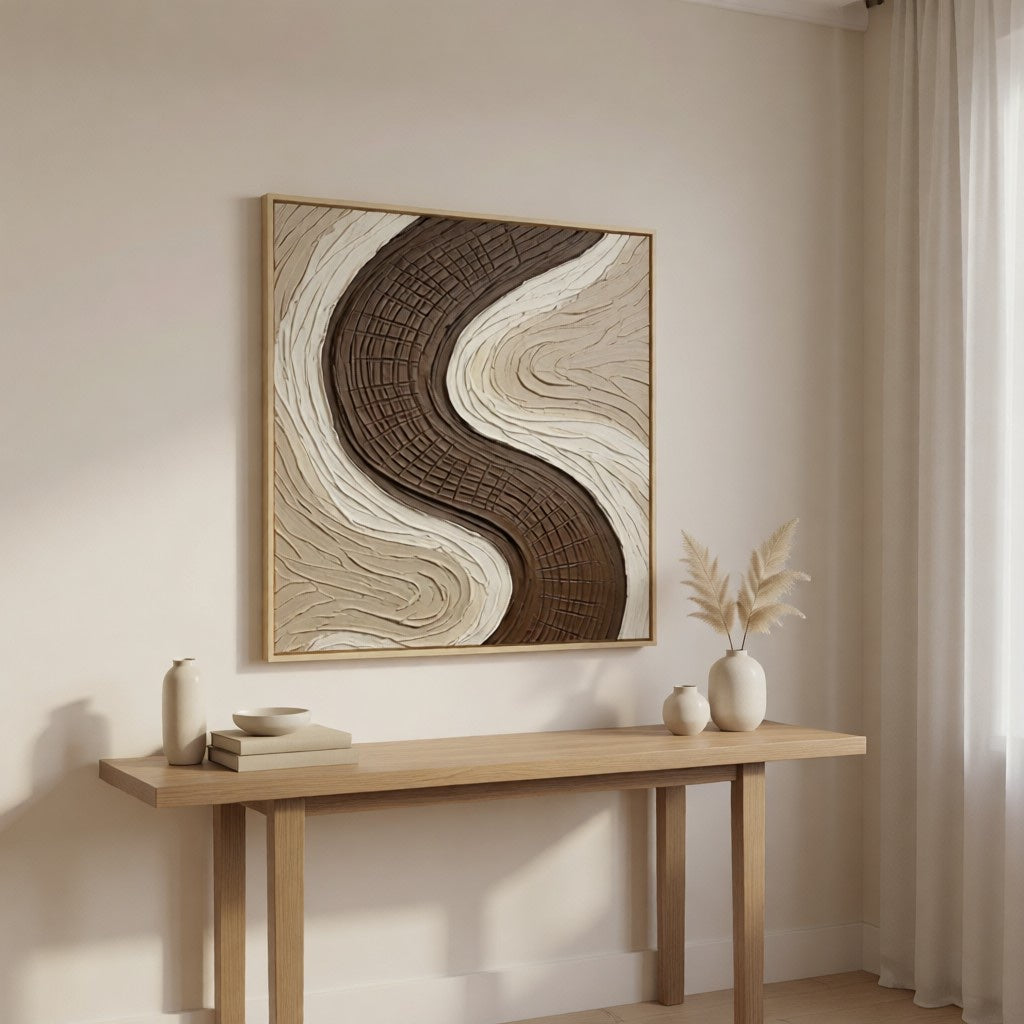 Wabi-Sabi Earth Tone Plaster Texture Art styled in a refined neutral room setting to show wall scale, calm proportion, and interior decor mood.