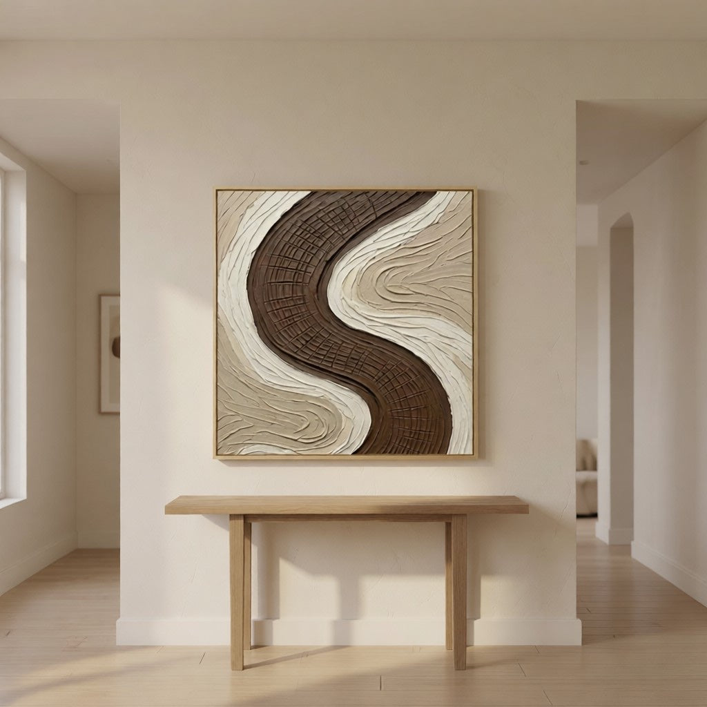 Wabi-Sabi Earth Tone Plaster Texture Art styled in a refined neutral room setting to show wall scale, calm proportion, and interior decor mood.