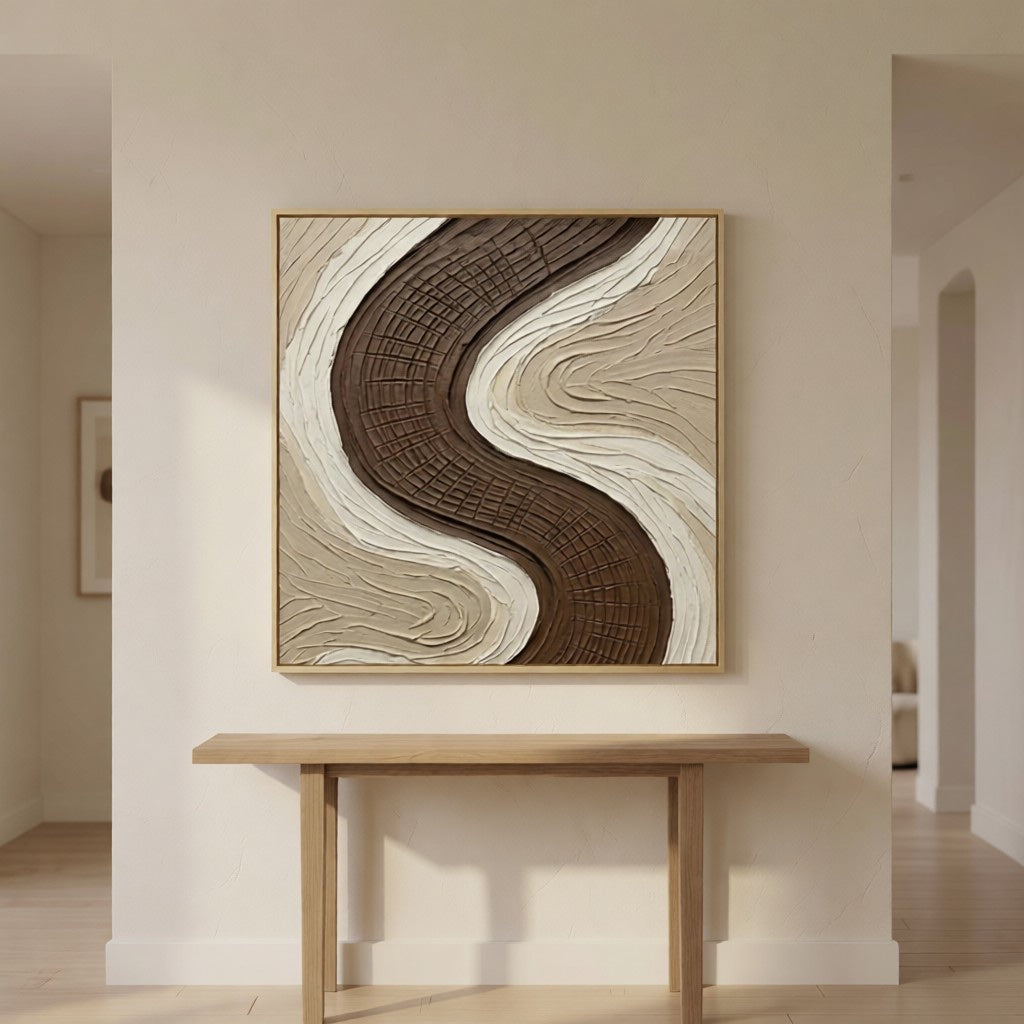 Wabi-Sabi Earth Tone Plaster Texture Art styled in a refined neutral room setting to show wall scale, calm proportion, and interior decor mood.