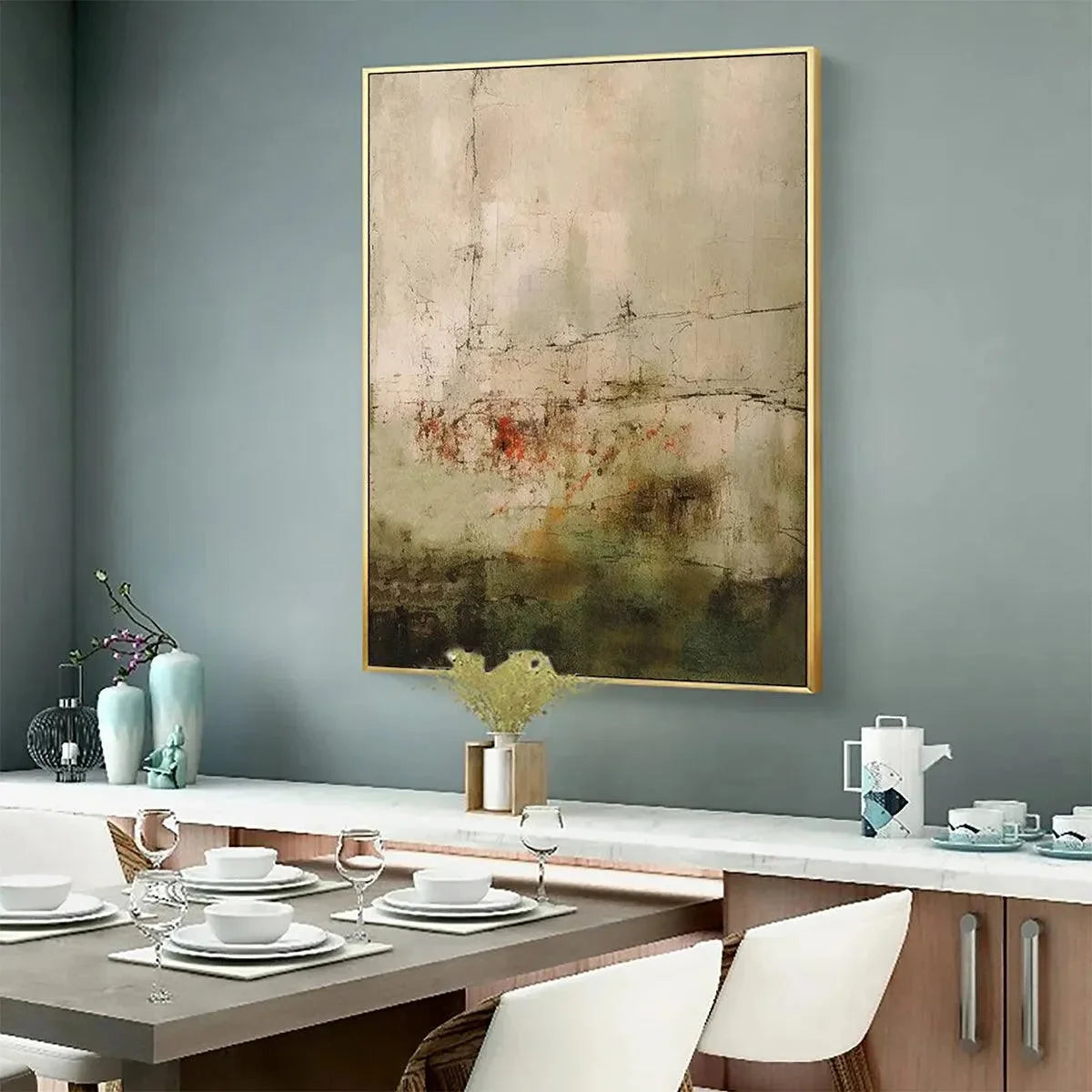 WABI SABI TERRAIN: Textured Abstract Landscape Painting, Vertical Wall Art | gold frame stretched on neutral wall