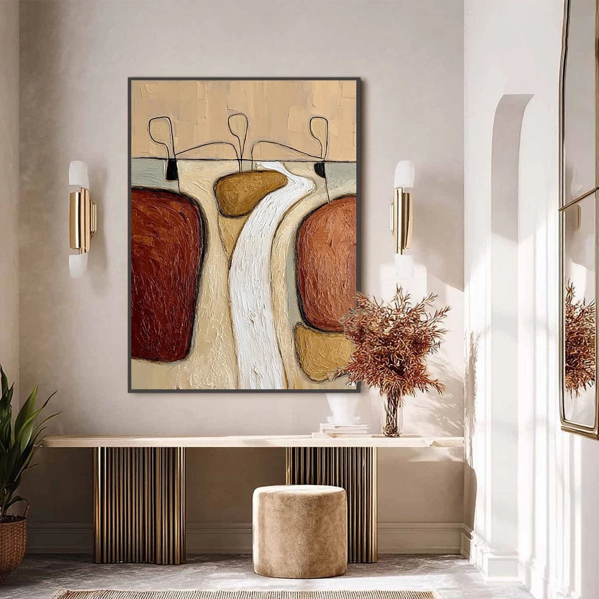 THE PASSAGE: Textured Wabi Sabi Abstract Earth Tone Painting | black frame version on white wall