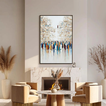 WALL OF AGES: Textured Impasto Painting of a Historic Pilgrimage | gold frame stretched on neutral wall