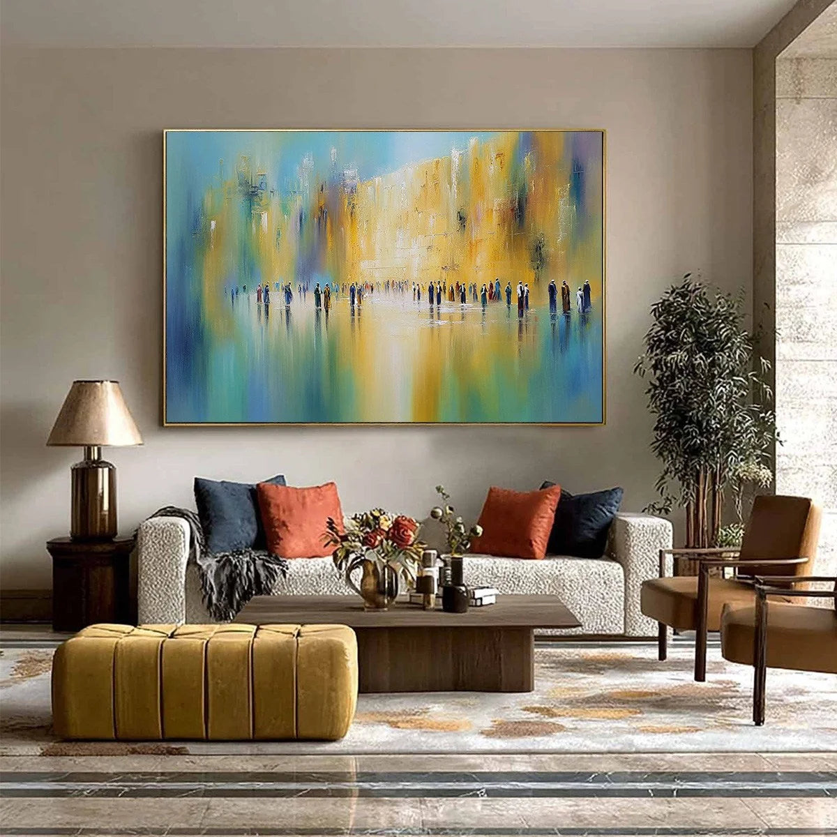 Wall of Whispers | Textured Abstract Cityscape Oil Painting | gold frame stretched on neutral wall