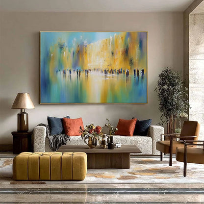 Wall of Whispers | Textured Abstract Cityscape Oil Painting | gold frame stretched on neutral wall