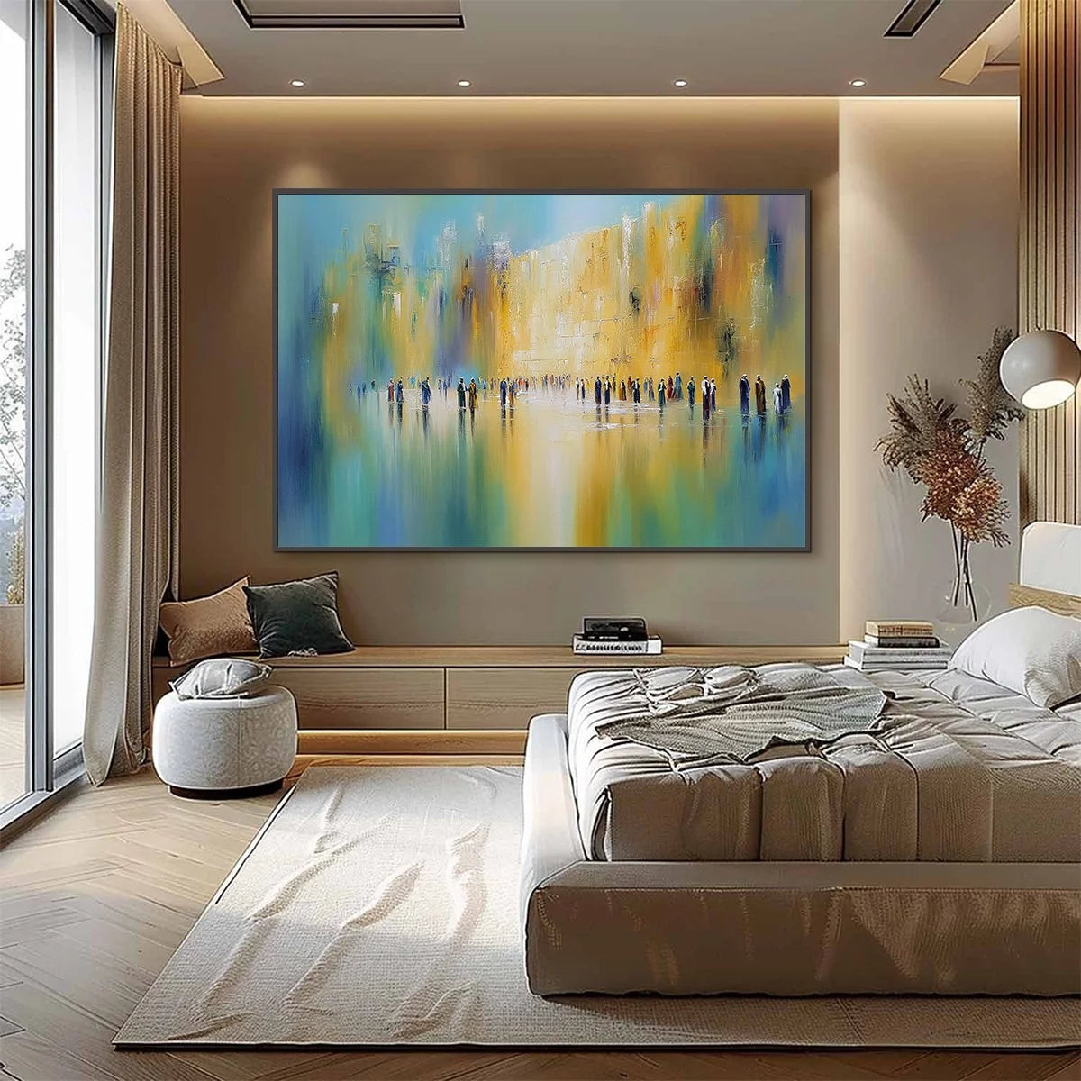 Wall of Whispers | Textured Abstract Cityscape Oil Painting | black frame version on white wall