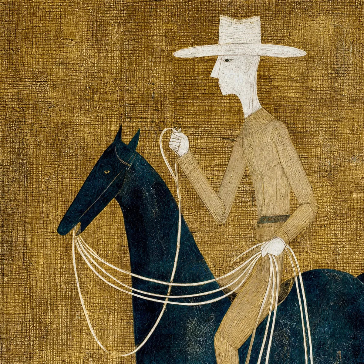 THE WANDERER: Minimalist Equestrian Portrait with Golden Texture | rectangular format, hand-painted canvas edge