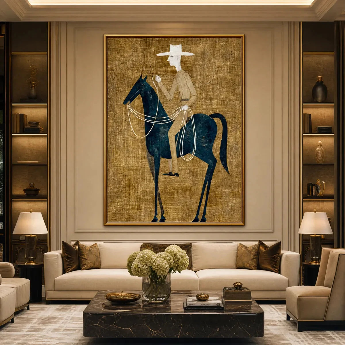 THE WANDERER: Minimalist Equestrian Portrait with Golden Texture | gold frame stretched on neutral wall