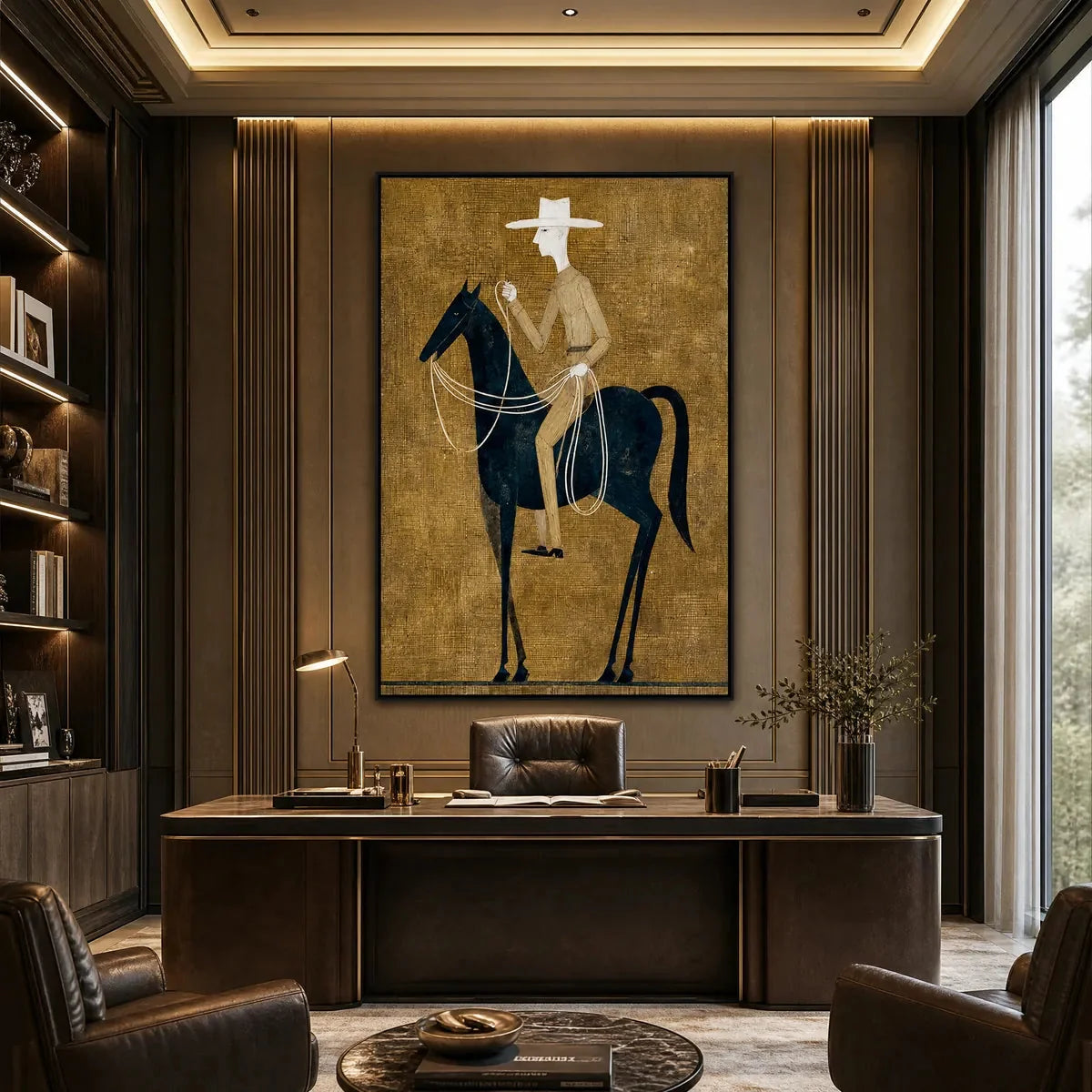 THE WANDERER: Minimalist Equestrian Portrait with Golden Texture | black frame version on white wall