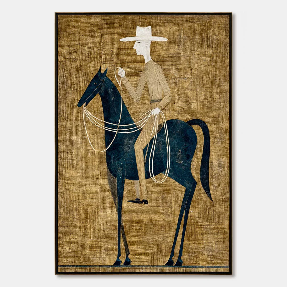 THE WANDERER: Minimalist Equestrian Portrait with Golden Texture | hanging in living room, Minimalist wall art