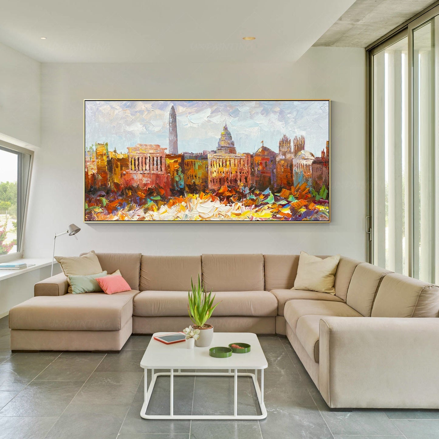 Washington Cityscape skyline textured framed wall art, livingroom horizontal ext #1