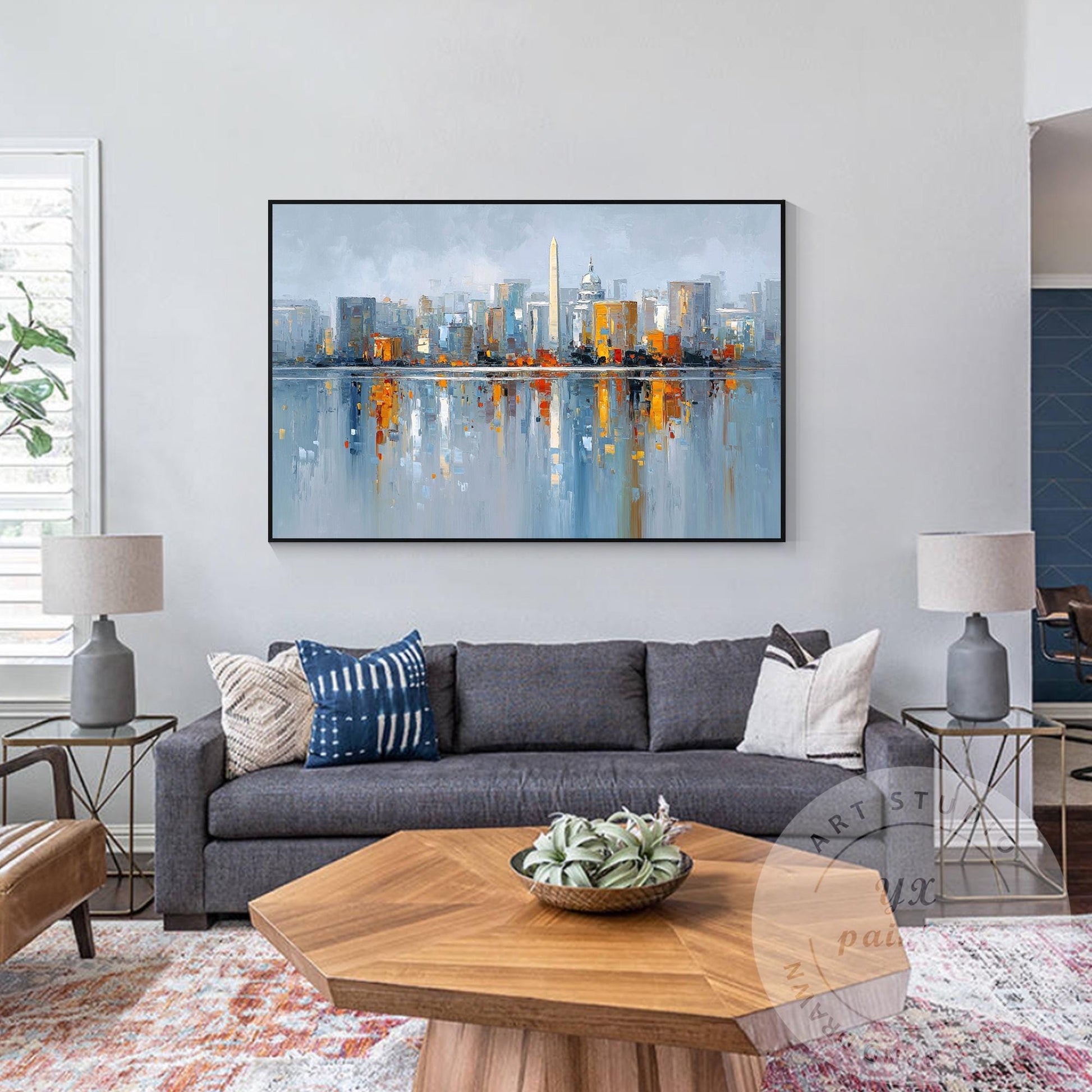 Washington DC Skyline Painting, Large Horizontal Abstract Cityscape, Oversized M #5