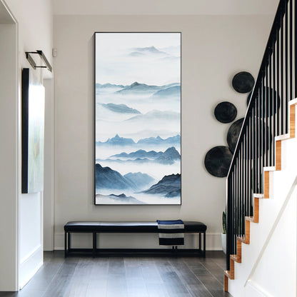 Watercolor Blue Mountain Painting: Oriental Canvas Wall Art #2