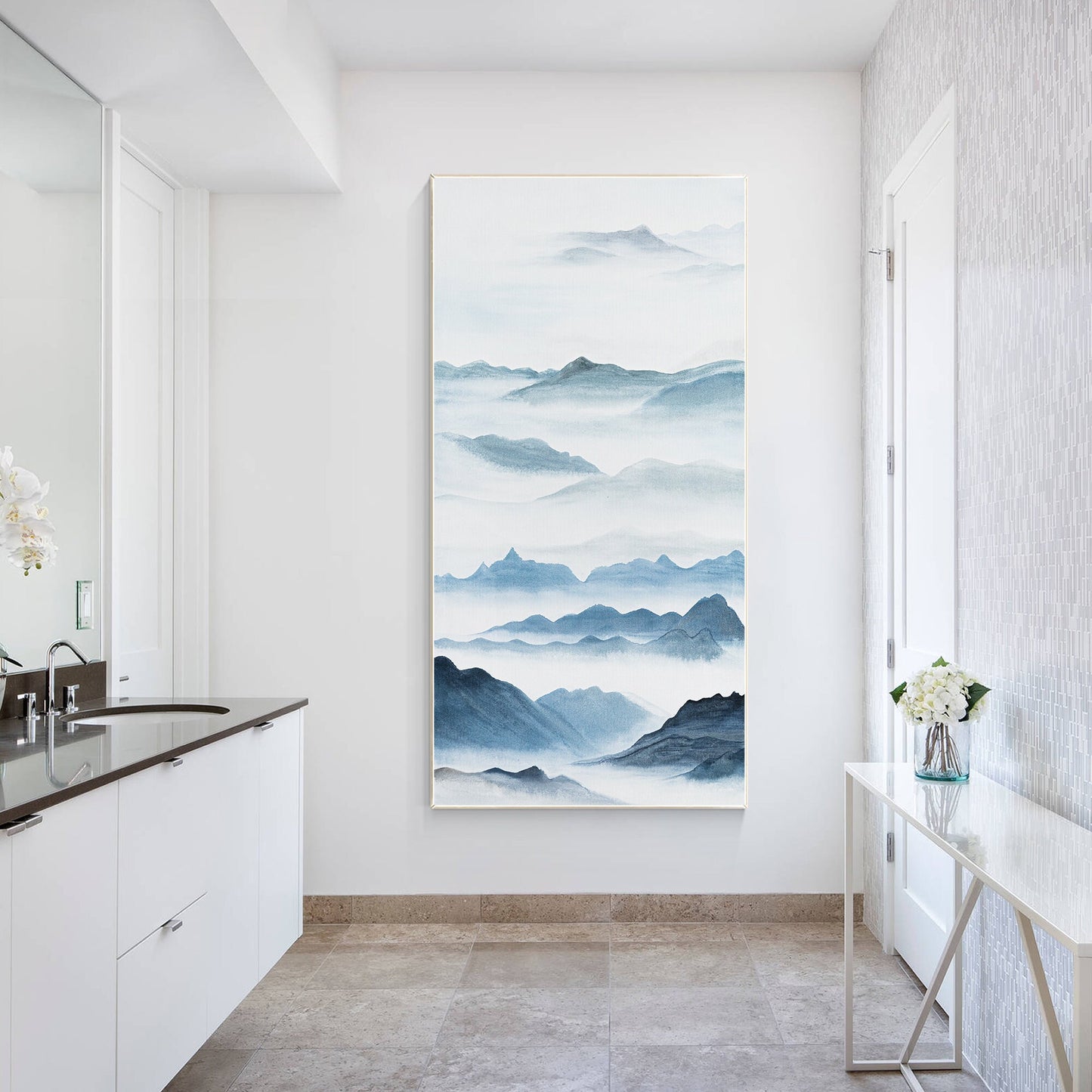 Watercolor Blue Mountain Painting: Oriental Canvas Wall Art #3