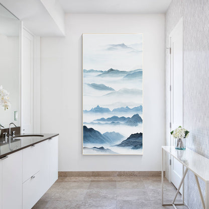 Watercolor Blue Mountain Painting: Oriental Canvas Wall Art #3