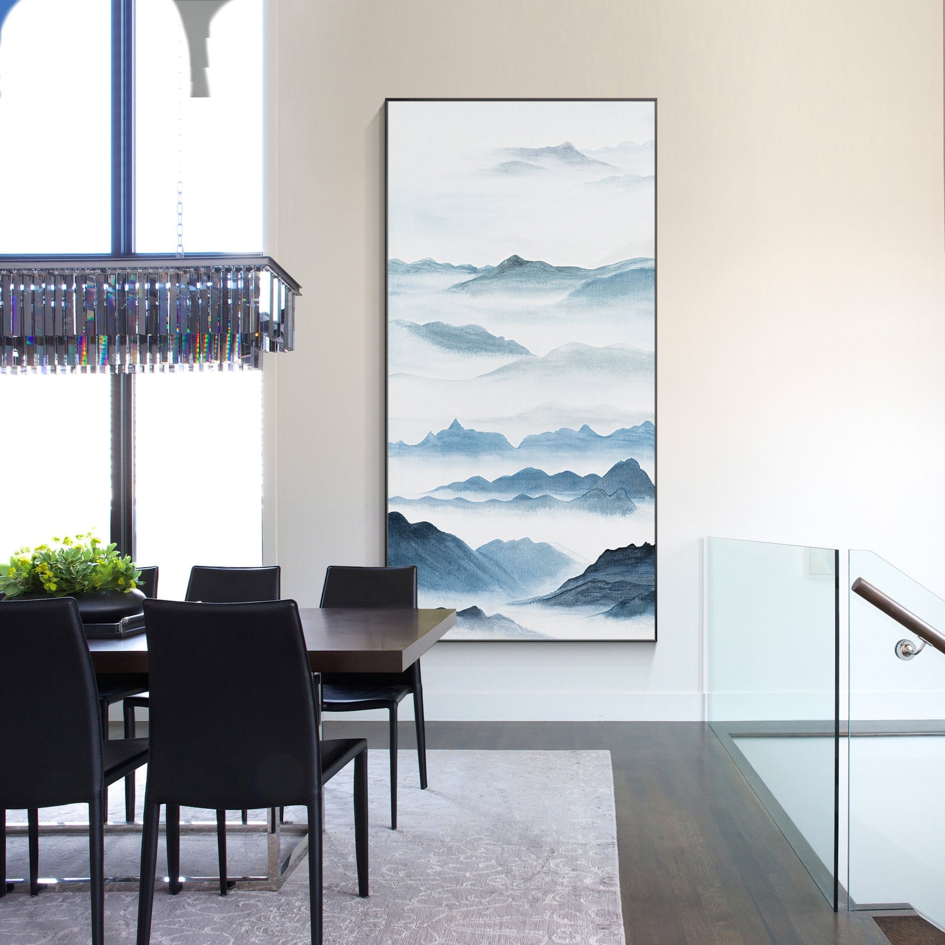 Watercolor Blue Mountain Painting: Oriental Canvas Wall Art #5
