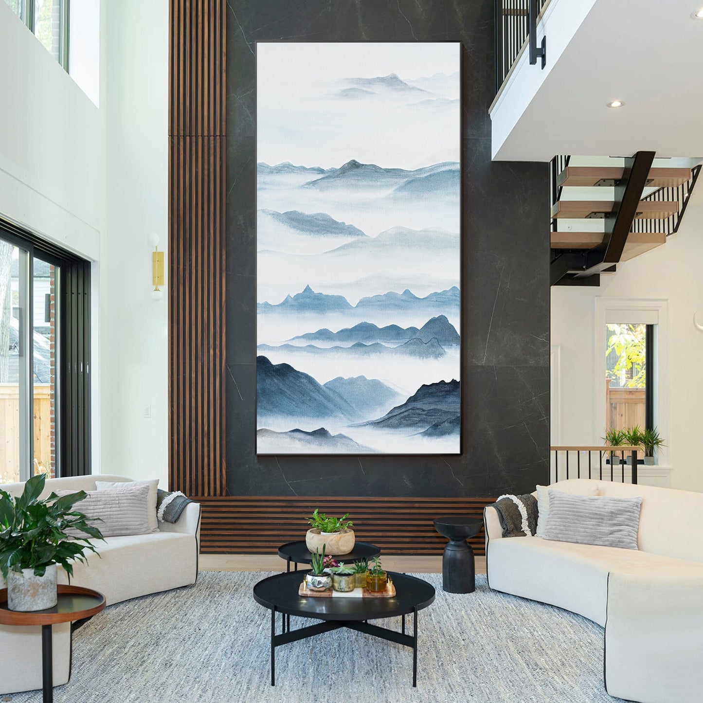 Watercolor Blue Mountain Painting: Oriental Canvas Wall Art #1