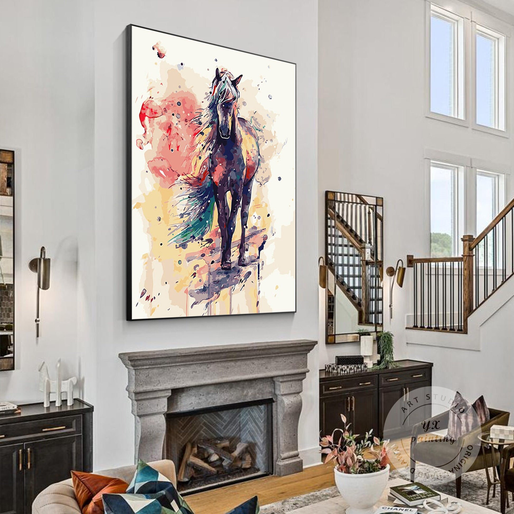 Watercolor Horse Painting: BOHO Abstract Canvas Wall Art #2