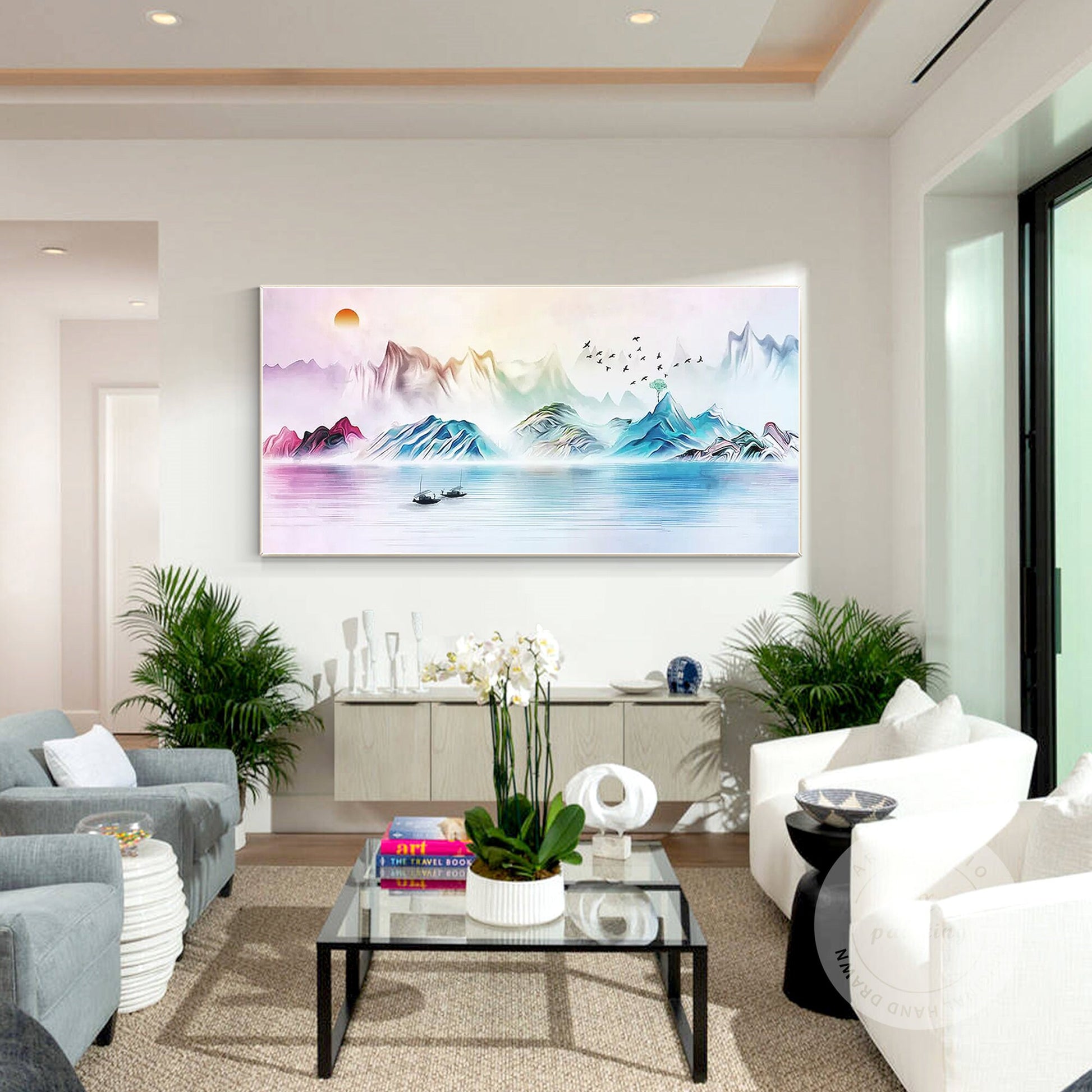 Watercolor Mountain Landscape Painting: Extra Large Horizontal Canvas Art #5