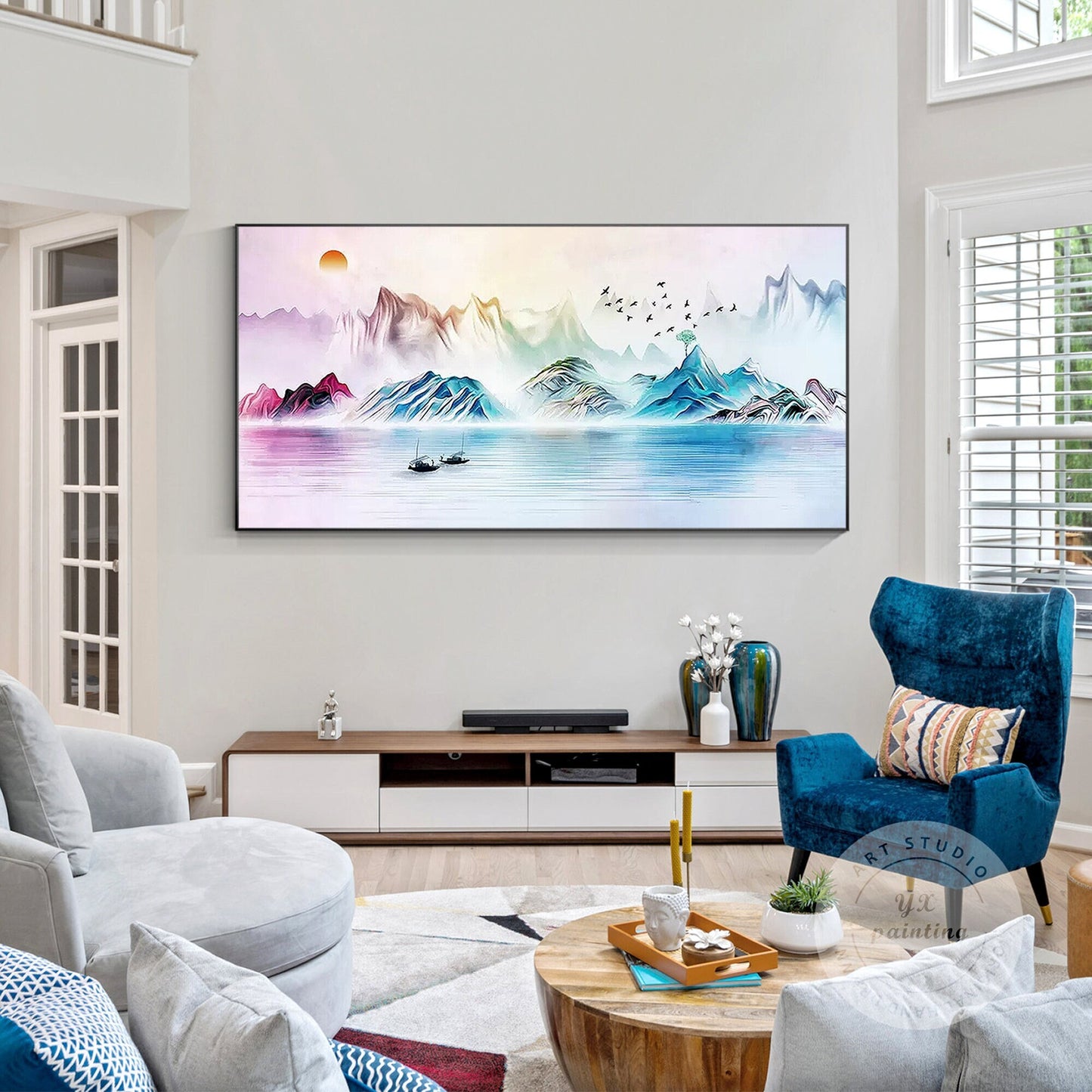 Watercolor Mountain Landscape Painting: Extra Large Horizontal Canvas Art #1